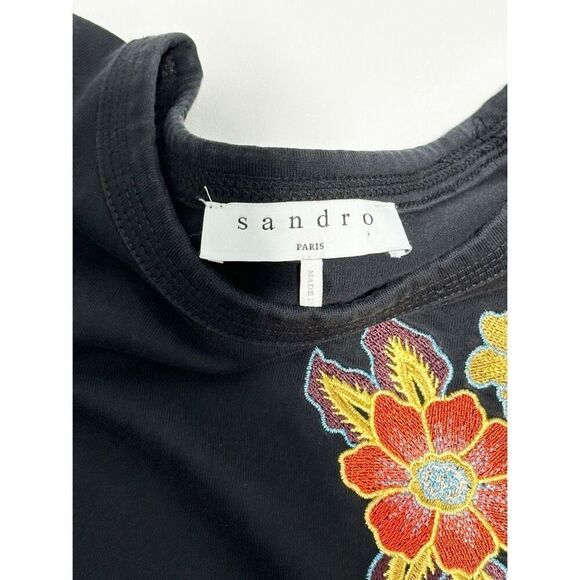 Sandro Paris Women's Asymmetric Peplum Floral Patch Embroidered Tee Black Size 4 - Picture 2 of 15